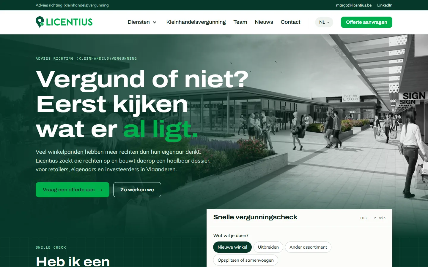 Homepage van licentius.be met de titel Vergund of niet? Eerst kijken wat er al ligt en de snelle vergunningscheck