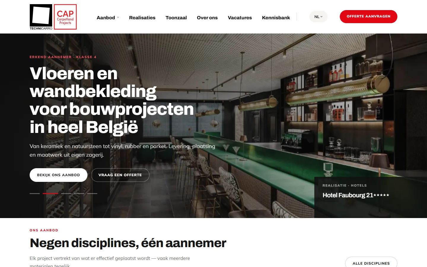 Homepage van de vernieuwde website van Technicarro-CAP met de titel Vloeren en wandbekleding voor bouwprojecten in heel België