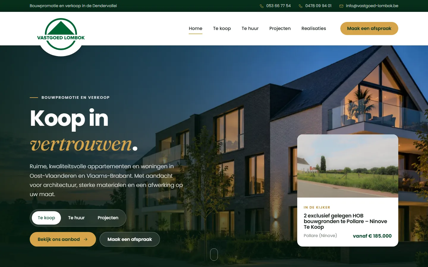 Homepage van vastgoed-lombok.be met de slogan Koop in vertrouwen, de knoppen voor het aanbod en een afspraak, en de uitgelichte bouwgronden in Pollare